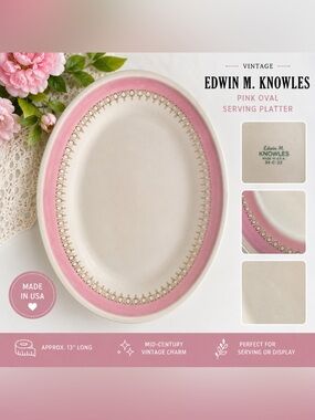 Vintage Edwin M. Knowles Oval Serving Platter – Pink Mid Century Atomic Border
